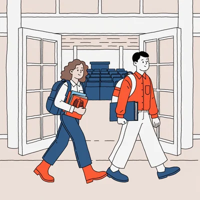 Illustration de deux étudiants de première année avec sacs à dos et manuels qui s'avancent vers l'entrée d'une faculté de médecine dont l'amphithéâtre n'offre qu'un nombre limité de places.