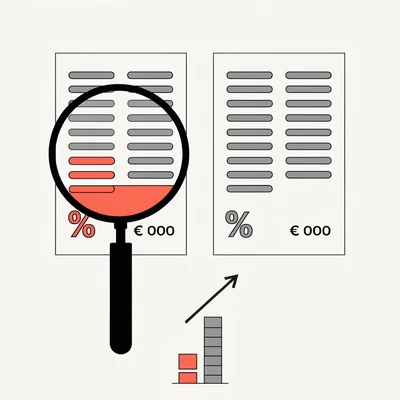 Illustration plate : deux fiches de crédit personnel identiques côte à côte, l'une observée à la loupe, révélant un taux annuel effectif global et un coût total en euros inférieurs, avec un diagramme en barres comparant les deux coûts totaux.