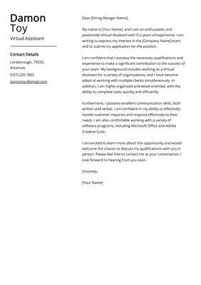Modèle d'exemple de lettre de motivation pour assistant virtuel au nom de Damon Toy, avec coordonnées dans la colonne de gauche et texte de la lettre à droite