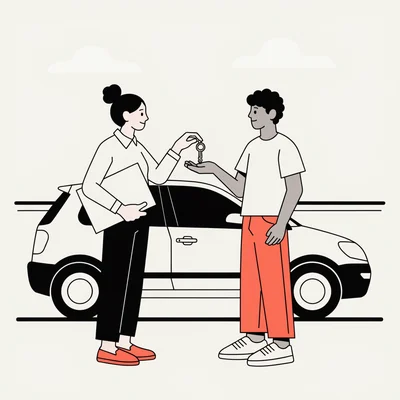 Illustration d’une jeune vendeuse remettant la clé de sa petite voiture à l’acheteur sur un parking, un dossier d’assurance vierge sous le bras.