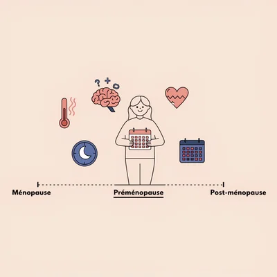 Illustration éditoriale montrant la transition ménopausique : de gauche à droite, une ligne de temps avec les phases de la préménopause, de la ménopause et de la post-ménopause. Au centre, une femme est représentée avec des icônes des symptômes variables de la préménopause : bouffées de chaleur, sueurs nocturnes, troubles cognitifs, humeur changeante et irrégularité des cycles.