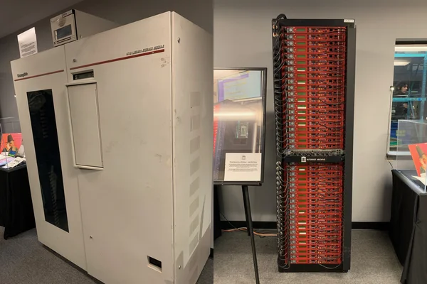Image composite montrant un grand placard de rangement blanc à gauche et un étagère de serveurs avec des composants rouges à droite, évoquant l'infrastructure de l'Internet Archive.