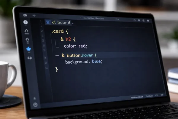 Photographie d'un écran d'ordinateur affichant du code CSS avec sélecteurs imbriqués dans un éditeur de code sombre, posé sur un bureau en bois avec une tasse de café.