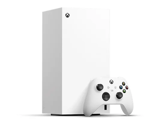Console Xbox Series S blanche positionnée verticalement avec une manette sans fil blanche, sur un fond neutre, image promotionnelle officielle Xbox.
