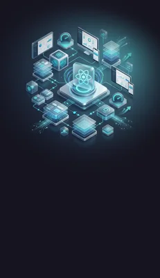 Illustration numérique montrant un atome lumineux au centre, entouré d'écrans, de blocs de données et de lignes de circuits sur fond sombre, symbolisant les fonctionnalités de React 19.