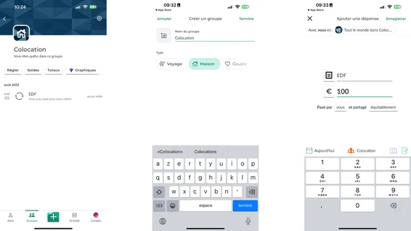 Interface d'une application mobile de partage de frais montrant la création d'un groupe, la saisie des dépenses et l'aperçu du groupe avec un clavier virtuel.