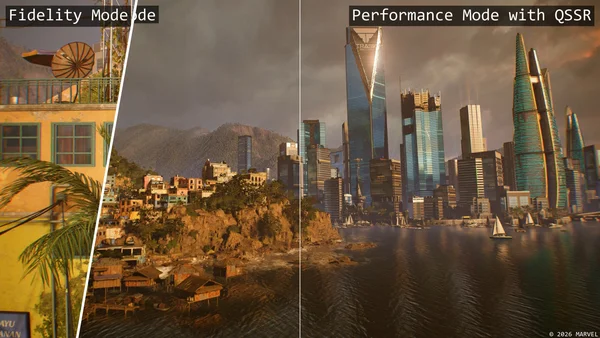 Comparaison en écran partagé d'une scène de jeu PS5 montrant une ville côtière avec gratte-ciel et un village à flanc de colline, à gauche en mode Fidélité et à droite en mode Performance avec QSSR