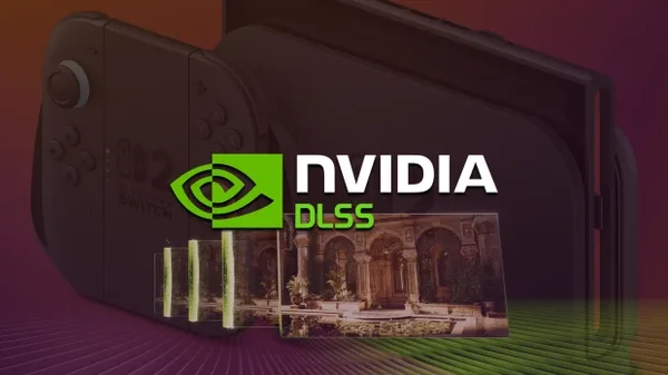 Visuel promotionnel de la Nintendo Switch accompagné du logo NVIDIA DLSS et d'une illustration du fonctionnement de la technologie d'upscaling par IA