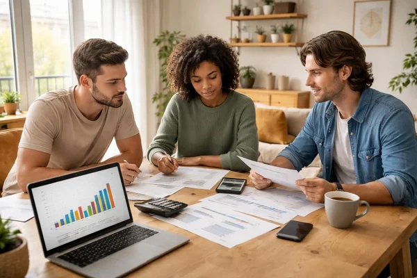 Trois colocataires discutant autour d'une table en bois d'un document financier et d'un graphique affiché sur un ordinateur portable dans une pièce lumineuse.
