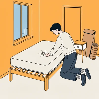 Illustration d'un jeune adulte agenouillé dans un petit studio, testant de la paume la fermeté d'un matelas posé sur un sommier à lattes, avec un matelas roulé et un carton posés contre le mur.
