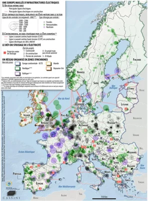 Infographie cartographique de l'Europe représentant les infrastructures électriques du continent : centrales, lignes de transmission et zones synchrones interconnectées