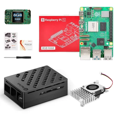 Kit Raspberry Pi 5 8GB avec la carte, le boîtier noir, le refroidisseur actif, un tournevis et la boîte rouge d'origine disposés ensemble
