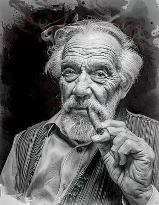 Illustration stylisée en noir et blanc d'un homme âgé à la barbe blanche fumant la pipe, représentant les fumeurs centenaires