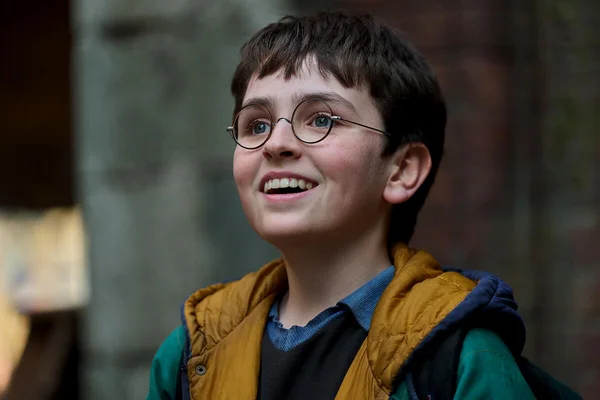Dominic McLaughlin dans le rôle de Harry Potter dans la série « Harry Potter and the Philosopher's Stone » : garçon aux cheveux courts et lunettes rondes, souriant et regardant vers le haut, portant un gilet jaune matelassé sous un pull noir et une veste verte.