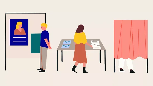 Illustration vectorielle d'un bureau de vote français montrant trois personnes : une près d'une affiche, une à la table des bulletins et une dans l'isoloir