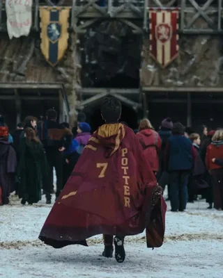 Dominic McLaughlin vu de dos portant la longue cape écarlate de Quidditch avec « POTTER 7 » inscrit au dos, marchant vers une foule devant un bâtiment en pierre décoré de bannières.
