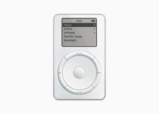 Promotionnel Apple d'un iPod Mini blanc affichant le menu de son écran monochrome et la molette de navigation clic