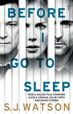 Affiche du film Avant d'aller dormir (Before I Go to Sleep) avec les visages de Nicole Kidman, Colin Firth et Mark Strong derrière des barreaux blancs, titre en lettres bleues et dorées
