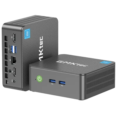 Deux mini-PC GMKtec avec processeur Intel Twin Lake N150, montrant leurs ports avant et arrière : USB, HDMI, Ethernet, en version verticale et horizontale