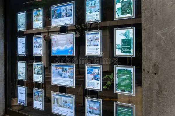 Vitrine d'une agence immobilière à Barcelone affichant des annonces de biens à vendre et à louer sur des cadres suspendus, reflétant le paysage urbain environnant