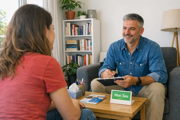 Un psychologue et une patiente échangeant lors d'une séance de consultation, l'homme prenant des notes sur un bloc