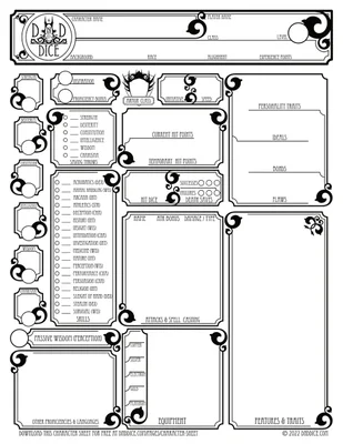 Fiche de personnage D&D 5e en noir et blanc avec bordures ornementées et sections pour les statistiques, compétences, équipement et traits du personnage