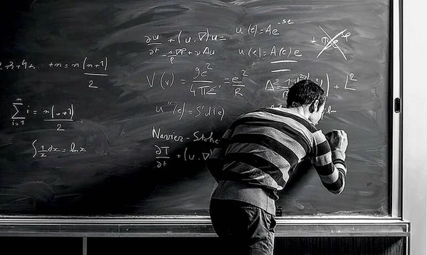 Ludovic Petitdemange, astrophysicien malvoyant, en pull rayé, écrivant des équations mathématiques et physiques complexes sur un grand tableau noir à la craie