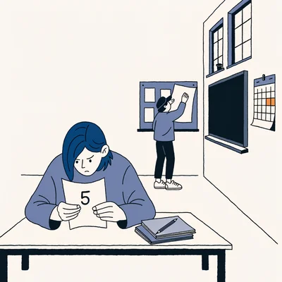Illustration plate : un étudiant de première année de CPGE assis à sa table de classe examine une copie annotée d'une faible note, tandis qu'un camarade affiche un relevé de conseil de classe au mur ; un calendrier mural met en valeur deux dates marquantes, en automne et en hiver, face à une fenêtre et un tableau nu.
