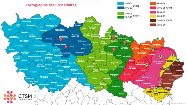 Cartographie des Centres Médico-Psychologiques (CMP) adultes du département, avec les communes réparties en zones colorées identifiées de 78-G-01 à 78-G-10