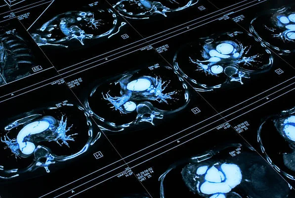 Planche d'images de scanner thoracique en coupes transversales montrant le cœur et les poumons d'un patient