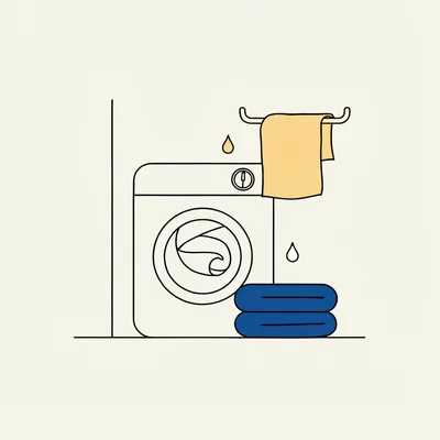 Illustration plate : une machine à laver domestique en cours de cycle avec un drap qui tourne dans le tambour, une pile de deux serviettes pliées et une serviette suspendue dont la couleur passée évoque l'usure liée aux lavages à haute température.