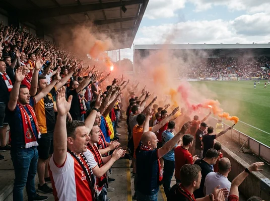 Supporters de football enthousiastes en tribune lors d'un match, agitant les bras et brandissant des fumigènes émettant une fumée orange