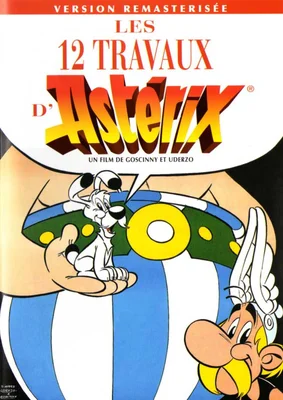 Affiche promotionnelle du film d'animation Les 12 Travaux d'Astérix (1976) mettant en scène Astérix et Idéfix