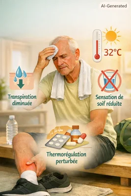 Infographie montrant un homme âgé souffrant de la chaleur, avec liste des médicaments augmentant le risque de coup de chaleur : psychotropes, diurétiques, antihistaminiques, lithium, statines, antiépileptiques et IEC, entourée d'un panneau d'alerte central
