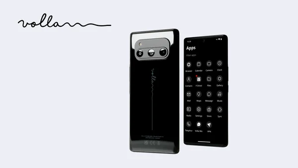 Visuel promotionnel montrant le recto et le verso d'un smartphone noir Volla Phone Quintus avec une interface minimaliste et un logo manuscrit