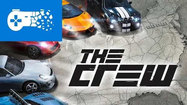 Visuel promotionnel du jeu The Crew avec un collage de voitures de sport disposées autour du logo sur fond de carte fissurée, accompagné du logo Xbox