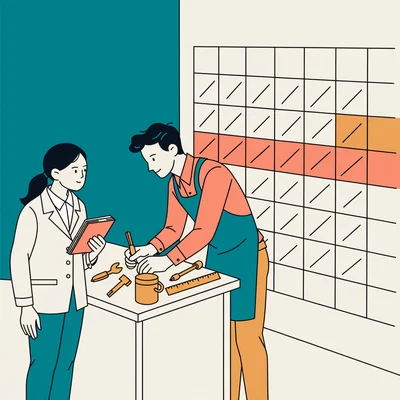 Illustration plate : un élève de troisième observe un tuteur qui montre un geste professionnel à l'établi, carnet à la main sans écrire, tandis qu'un calendrier mural fait apparaître une bande de jours encadrés entre l'automne et le printemps, dont une semaine surlignée pour les cinq jours de la séquence d'observation.