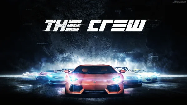 Affiche promotionnelle du jeu vidéo The Crew montrant une ligne de voitures de sport avec un Lamborghini orange en premier plan sur fond sombre et carte stylisée