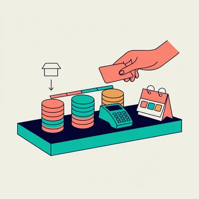 Illustration plate : une main passe une carte bancaire au-dessus d'un terminal de paiement, le montant de l'achat se sépare en trois segments colorés remplis de pièces, un calendrier à côté affiche trois dates d'échéance, et une flèche relie la boutique à la première tranche pour montrer la commission versée par le commerçant.
