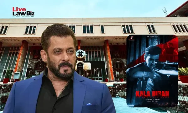 Image composite : Salman Khan en costume bleu devant une affiche du film « Kala Hiran », illustrant le litige devant la Haute Cour de Delhi sur les droits de personnalité de l'acteur