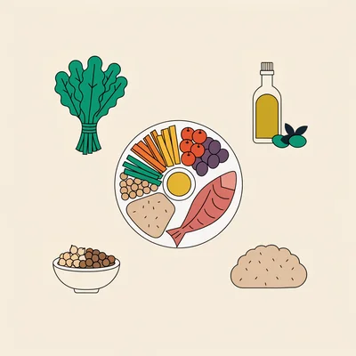 Illustration éditoriale en aplats vue du dessus : une assiette centrale composée de légumes, de fruits, de légumineuses, de céréales complètes, d'un filet de poisson et d'un filet d'huile d'olive, entourée de quatre petits regroupements d'aliments représentant le rythme d'un plan méditerranéen sur quatre semaines.