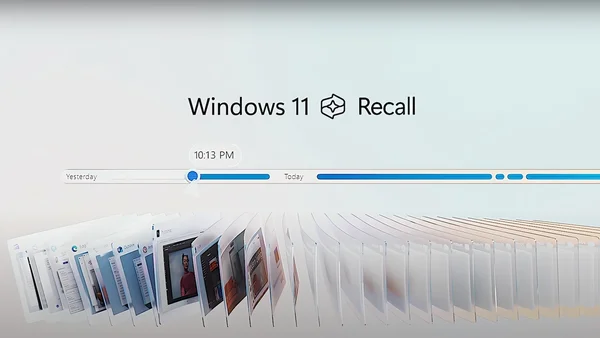 Visuel promotionnel de Windows 11 Recall montrant une interface de chronologie avec des instantanés d'écran arrondis en perspective