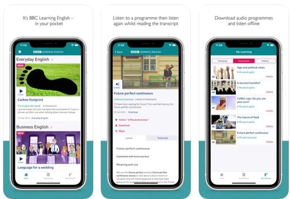 Trois captures d'écran de l'application mobile BBC Learning English montrant des fonctionnalités d'écoute avec transcription et de téléchargement audio hors connexion