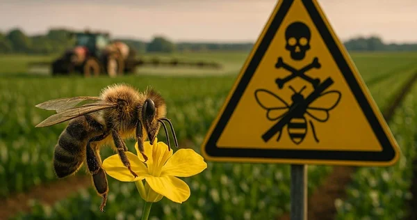 Abeille sur une fleur de colza jaune avec un panneau d'avertissement représentant un crâne sur l'abeille, un tracteur épandant des pesticides en arrière-plan