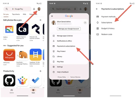 Trois captures d'écran successives de l'interface Google Play Store sur Android illustrant les étapes pour accéder au menu Abonnements via le profil utilisateur et l'option Paiements et abonnements, avec des flèches rouges indiquant le parcours
