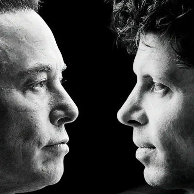 Photographie en noir et blanc mettant en regard les profils d'Elon Musk et Sam Altman face à face sur fond sombre, illustrant l'affrontement entre les deux dirigeants