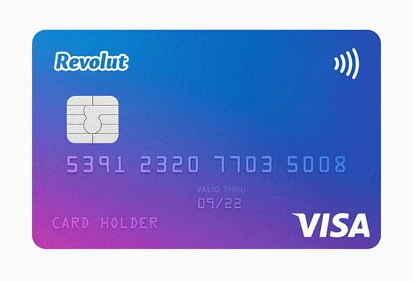 Carte de débit Revolut Visa avec dégradé bleu-violet, puce EMV, symbole sans contact, numéro de carte et date d'expiration
