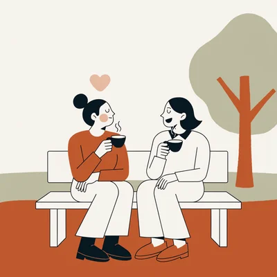 Illustration éditoriale plate : deux meilleurs amis assis sur un banc de park, café à la main et conversation complice, tandis que l'un d'eux commence à éprouver des sentiments amoureux, marqués par une légère rougeur et une douce forme de cœur flottant, tandis que l'autre sourit sans se douter de rien.