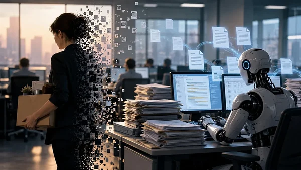 Illustration numérique d'une femme en tenue de bureau se dissolvant en pixels en portant une boîte, tandis qu'un robot humanoïde travaille sur un ordinateur