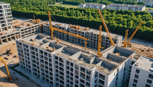 Vue aérienne d'un grand chantier de logements neufs en construction avec plusieurs immeubles résidentiels en béton et des grues jaunes, entourés d'arbres verts